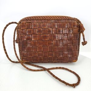 Vintage GEM Woven Genuine Leather Braided Crossbody Bag Brown Aged Patina